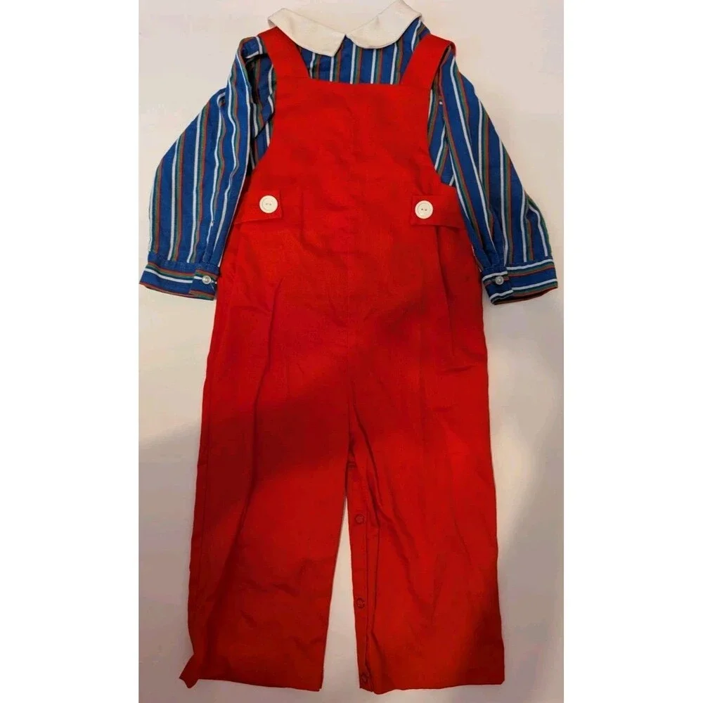 Vintage 2pcs Striped Collared Top & Red Overalls Castle Outfit Size 18-24 Months